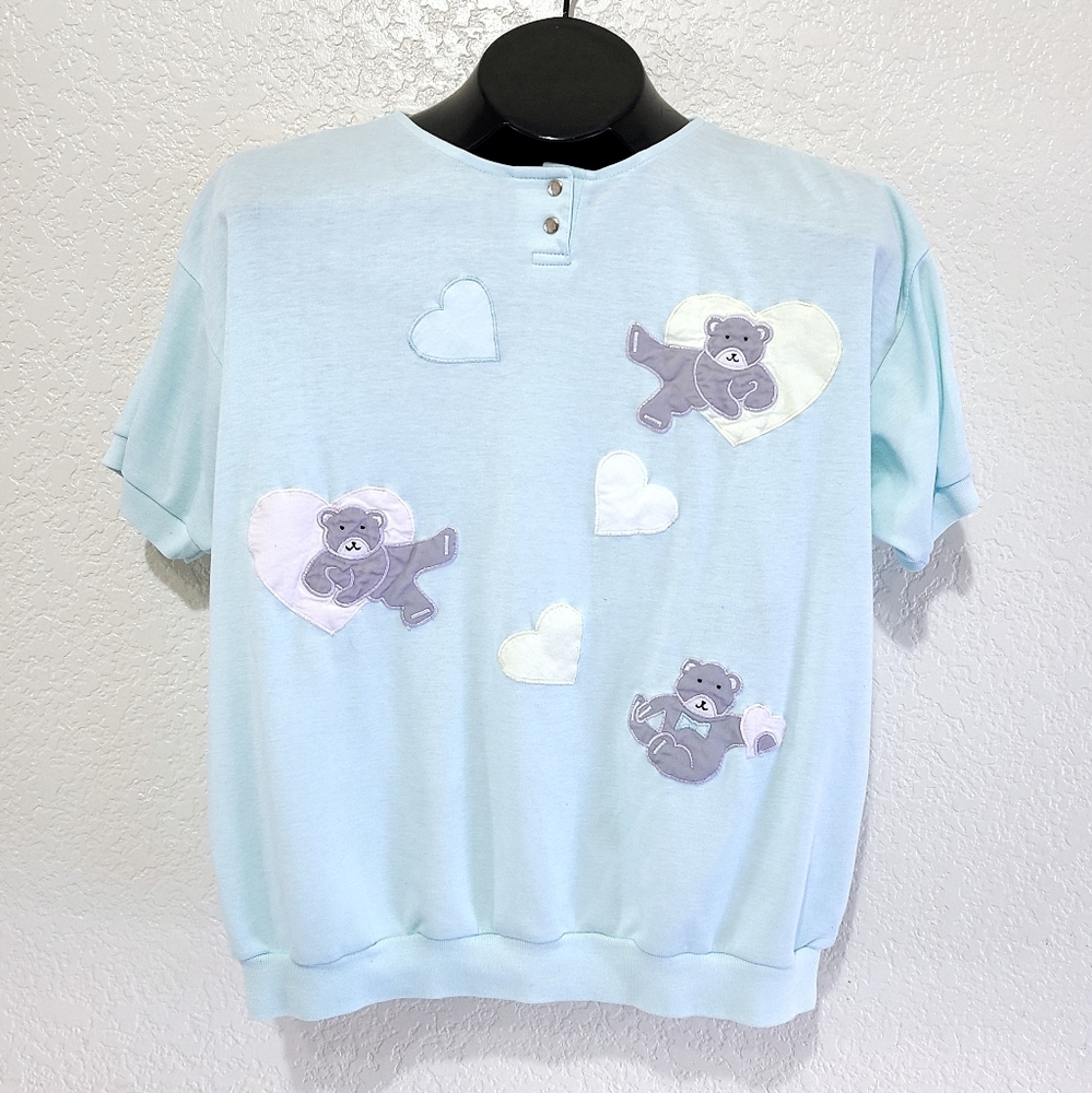 Vintage Pastel Blue Embroidered Teddy Bear Shirt